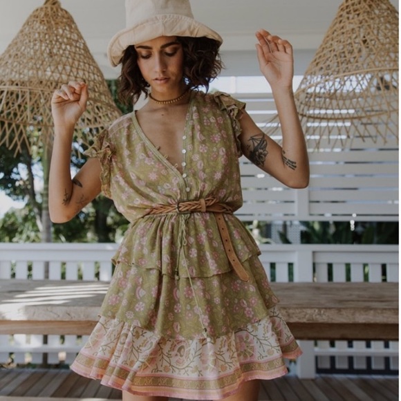 Green Floral Boho Retro Tiered Ruffle Mini Dress - Picture 6 of 12